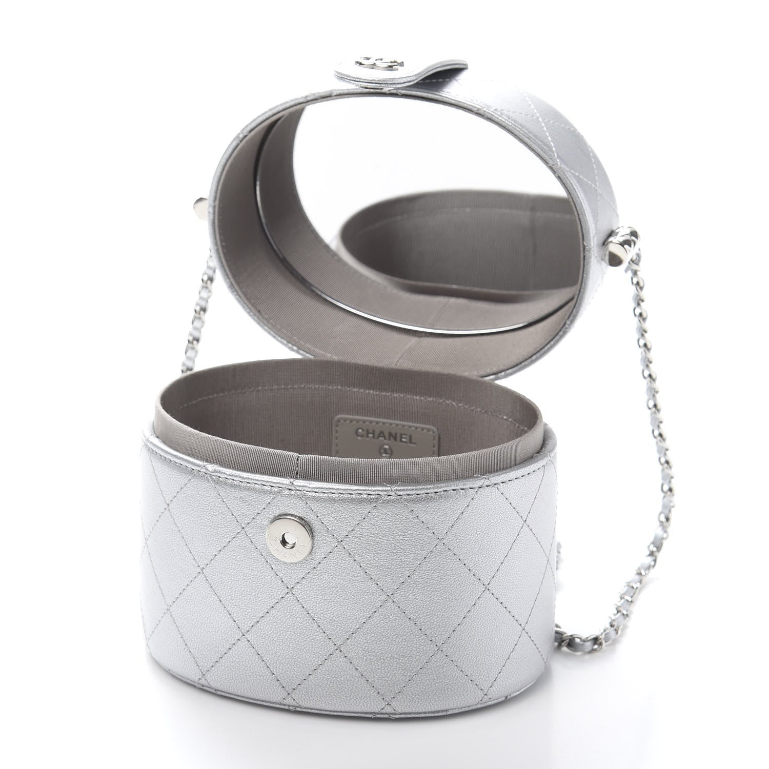 Chanel Metallic Lambskin Quilted Round Vanity Case With Chain Silver 8 of 12