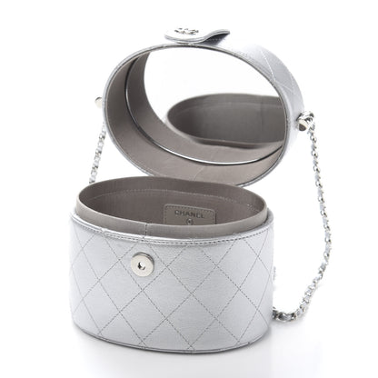 Chanel Metallic Lambskin Quilted Round Vanity Case With Chain Silver 8 of 12
