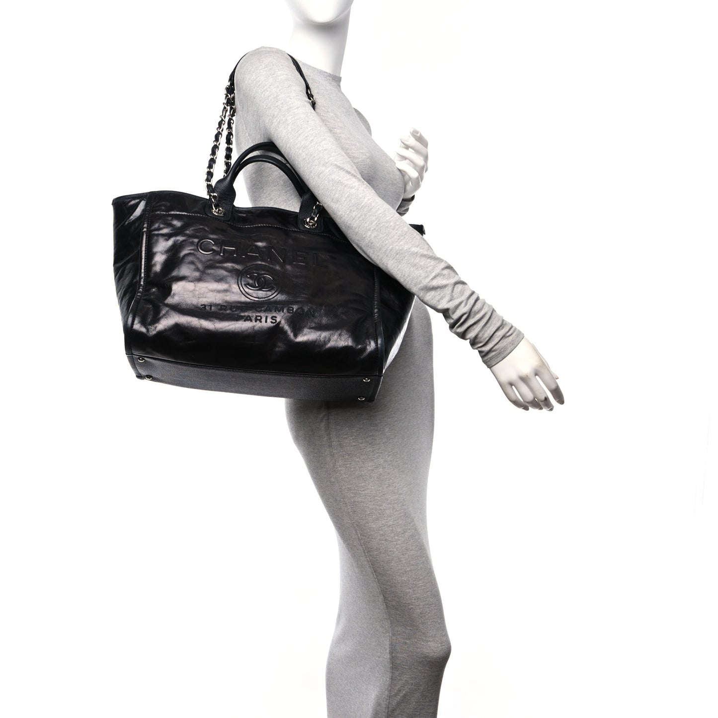 Glazed Calfskin Medium Deauville Tote Black