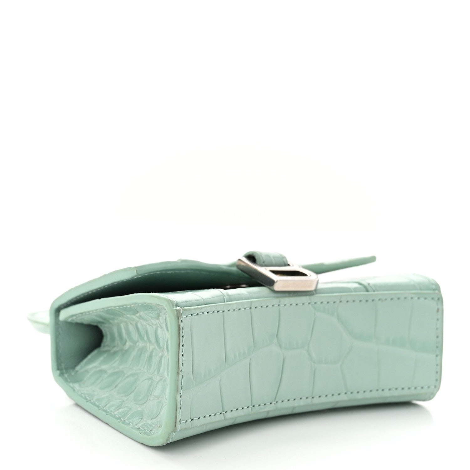 Balenciaga Shiny Calfskin Crocodile Embossed Hourglass Top Handle Bag Mini with Chain Green Acqua 4 of 11