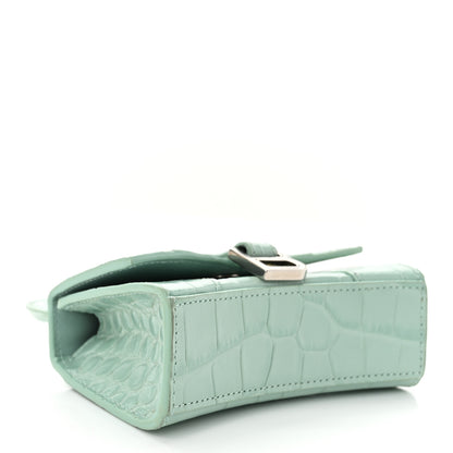 Balenciaga Shiny Calfskin Crocodile Embossed Hourglass Top Handle Bag Mini with Chain Green Acqua 4 of 11