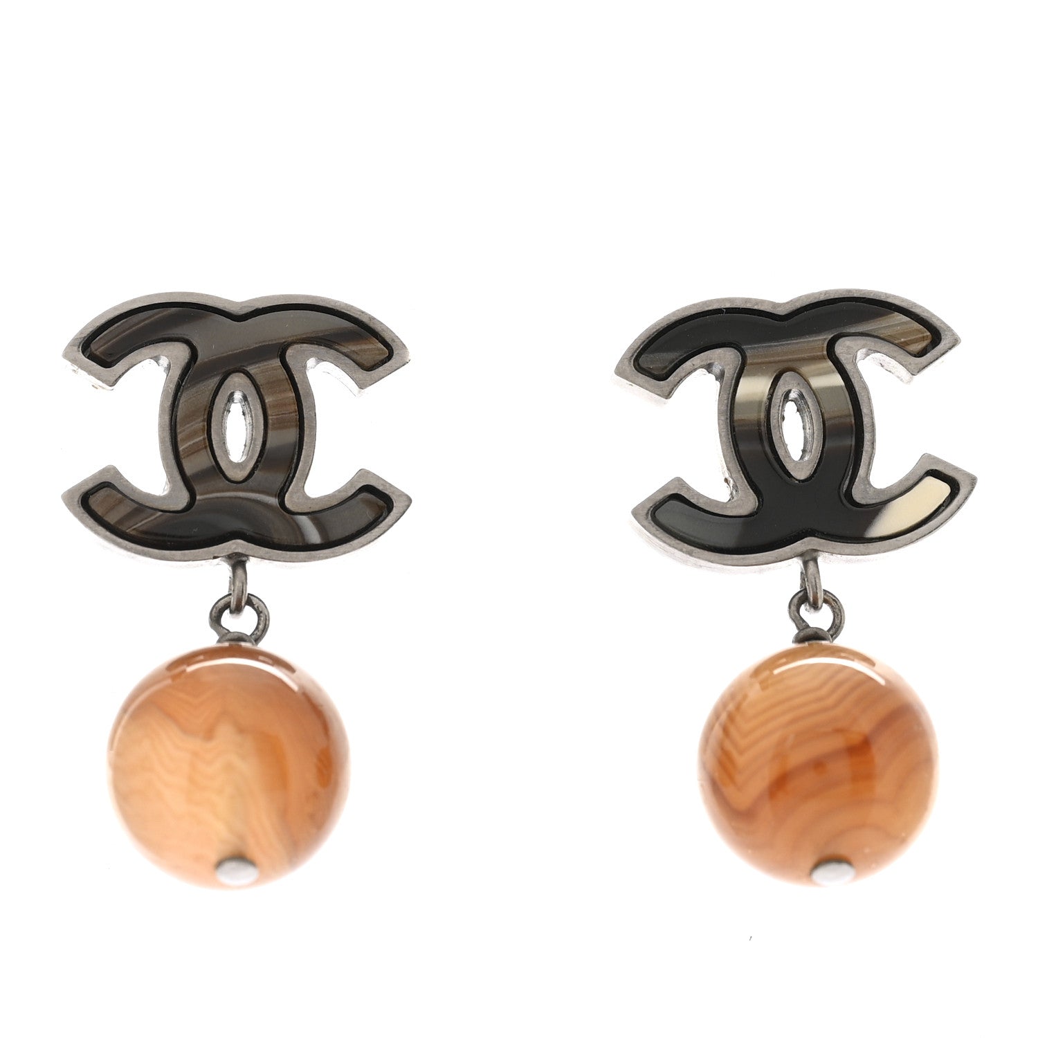 Chanel Agate Bead CC Drop Earrings Brown Orange 1 of 5