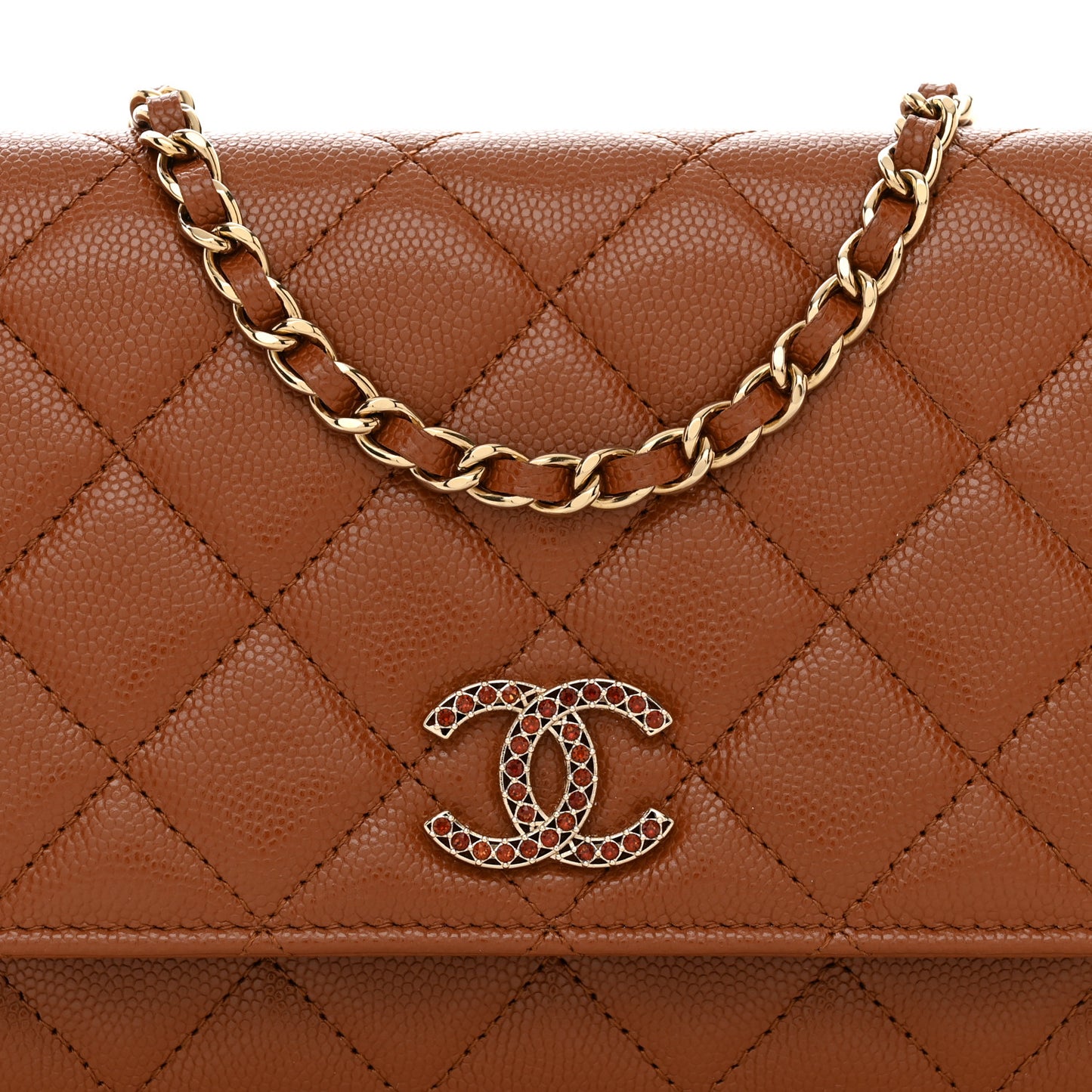 Shiny Caviar Quilted Strass Wallet On Chain WOC Light Brown