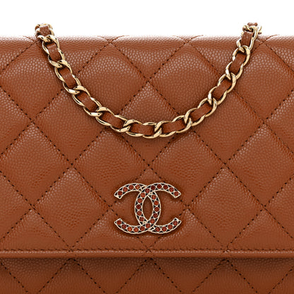 Chanel Shiny Caviar Quilted Strass Wallet On Chain WOC Light Brown 8 of 11