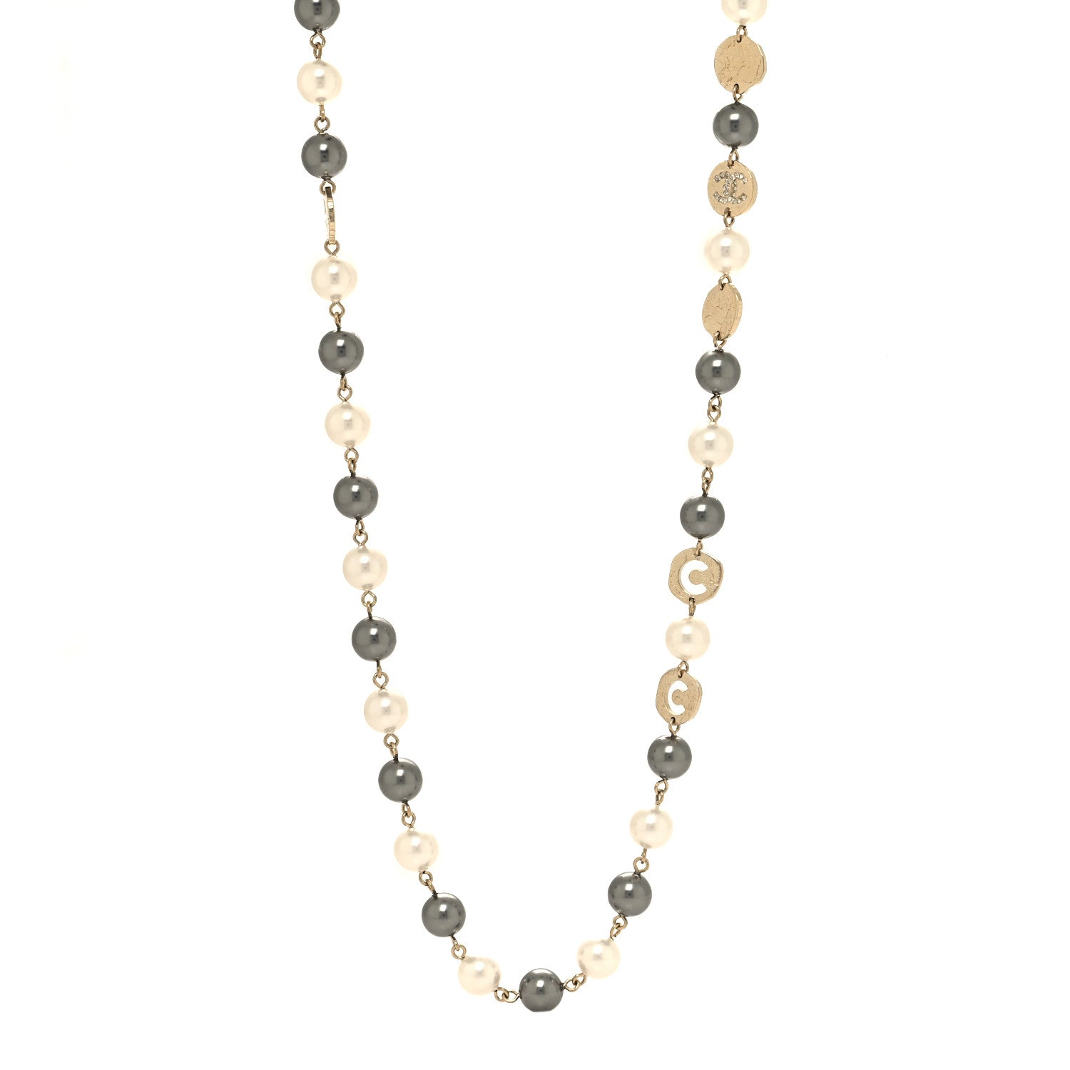 Chanel Pearl Papyrus Long Necklace Gold Pearly White Grey 2 of 5