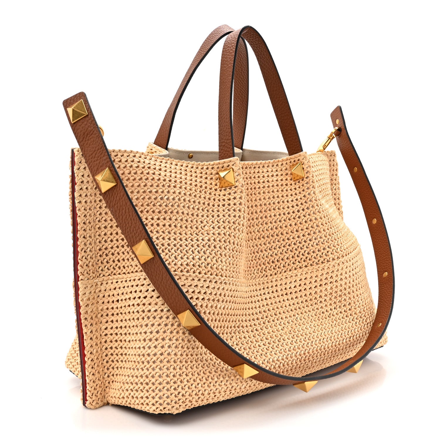 Valentino Garavani Raffia Grained Calfskin Medium Rockstud Vlogo Tote Naturale 4 of 15