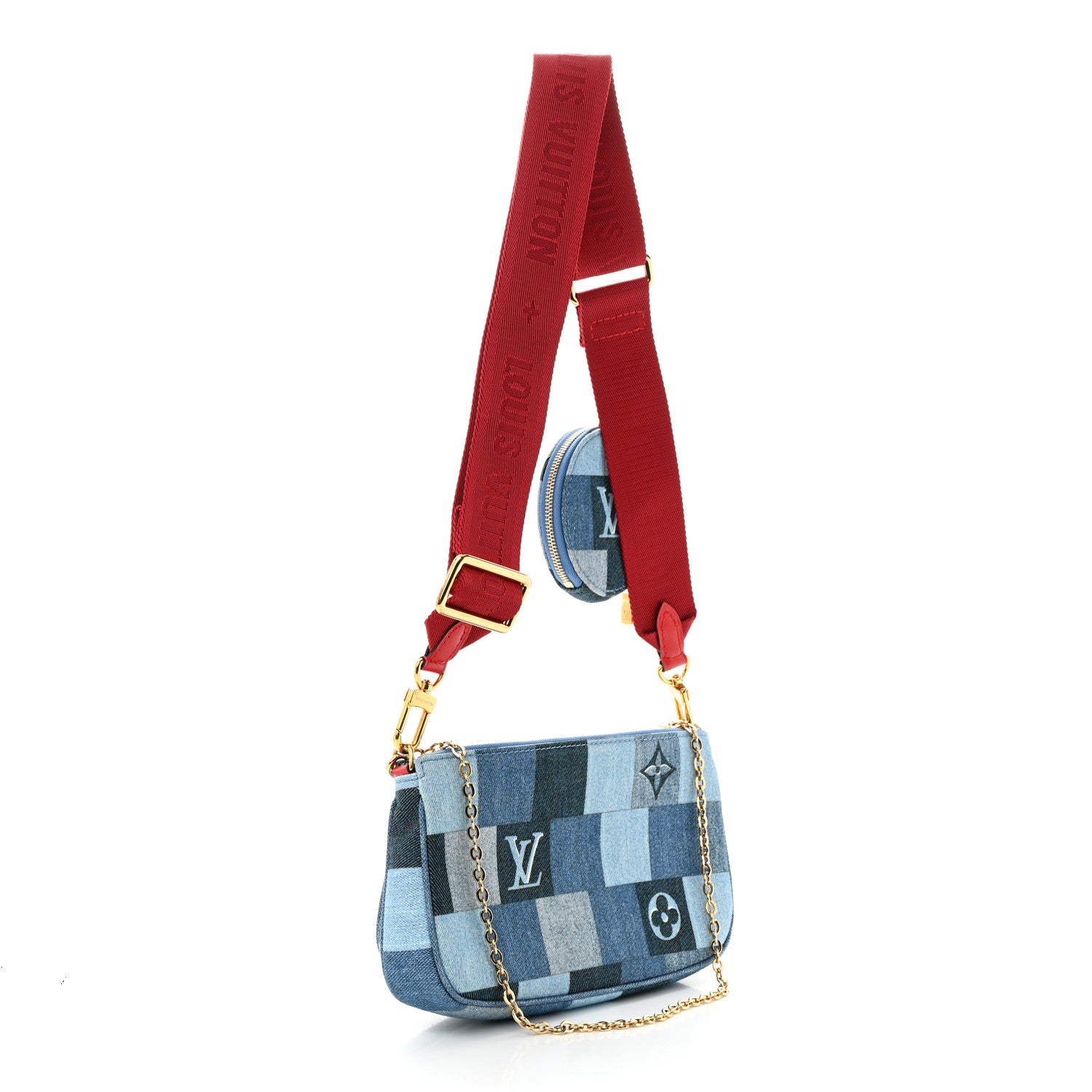 Louis Vuitton Denim Damier Monogram Patchwork Multi Pochette Accessories Blue Rouge 4 of 12
