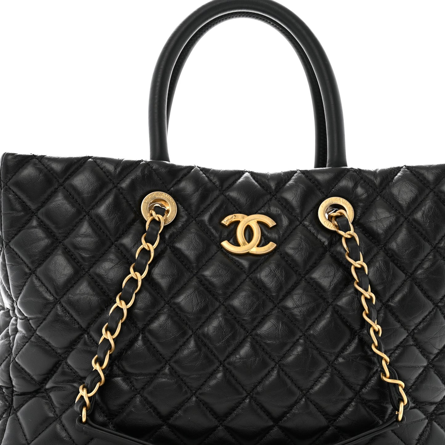 Aged Calfskin Quilted Large Coco Handle Shopping Tote Black