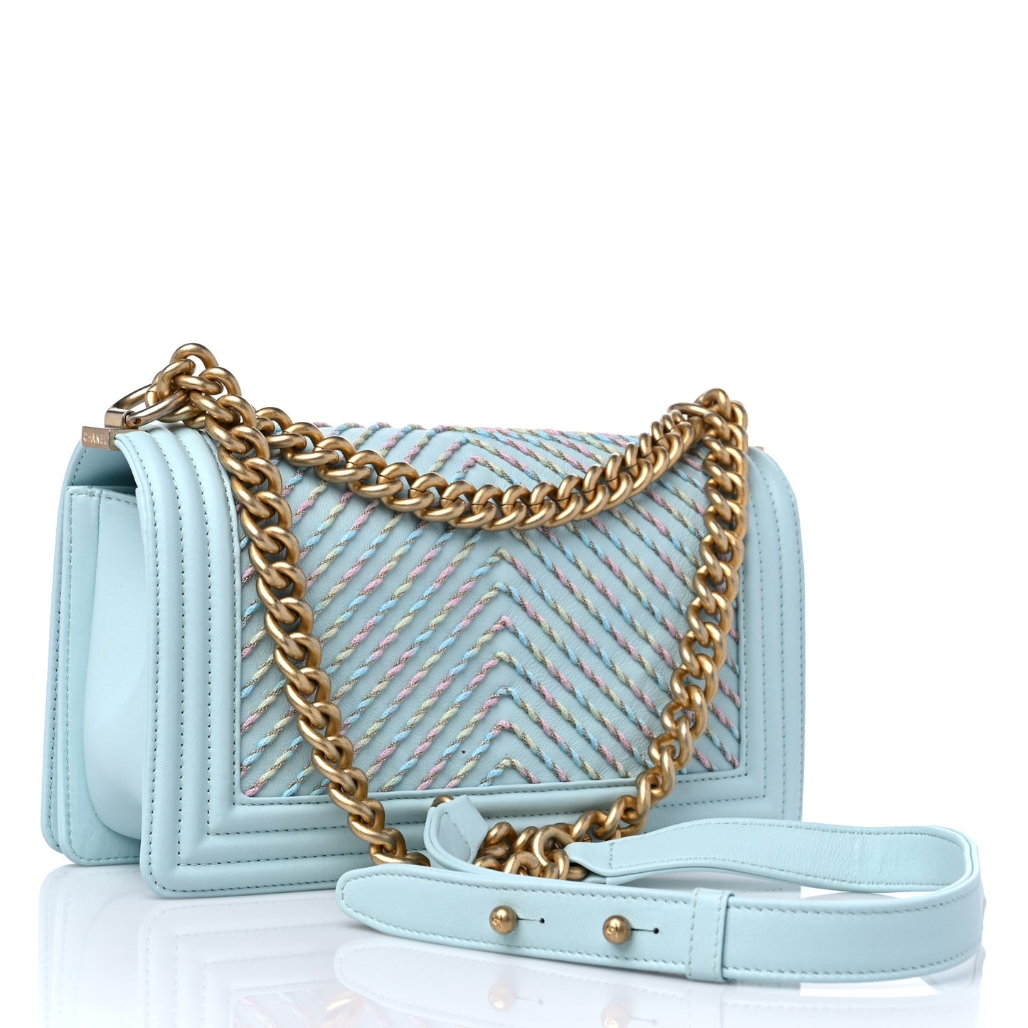 Calfskin Chevron Embroidered Medium Boy By The Sea Flap Light Blue