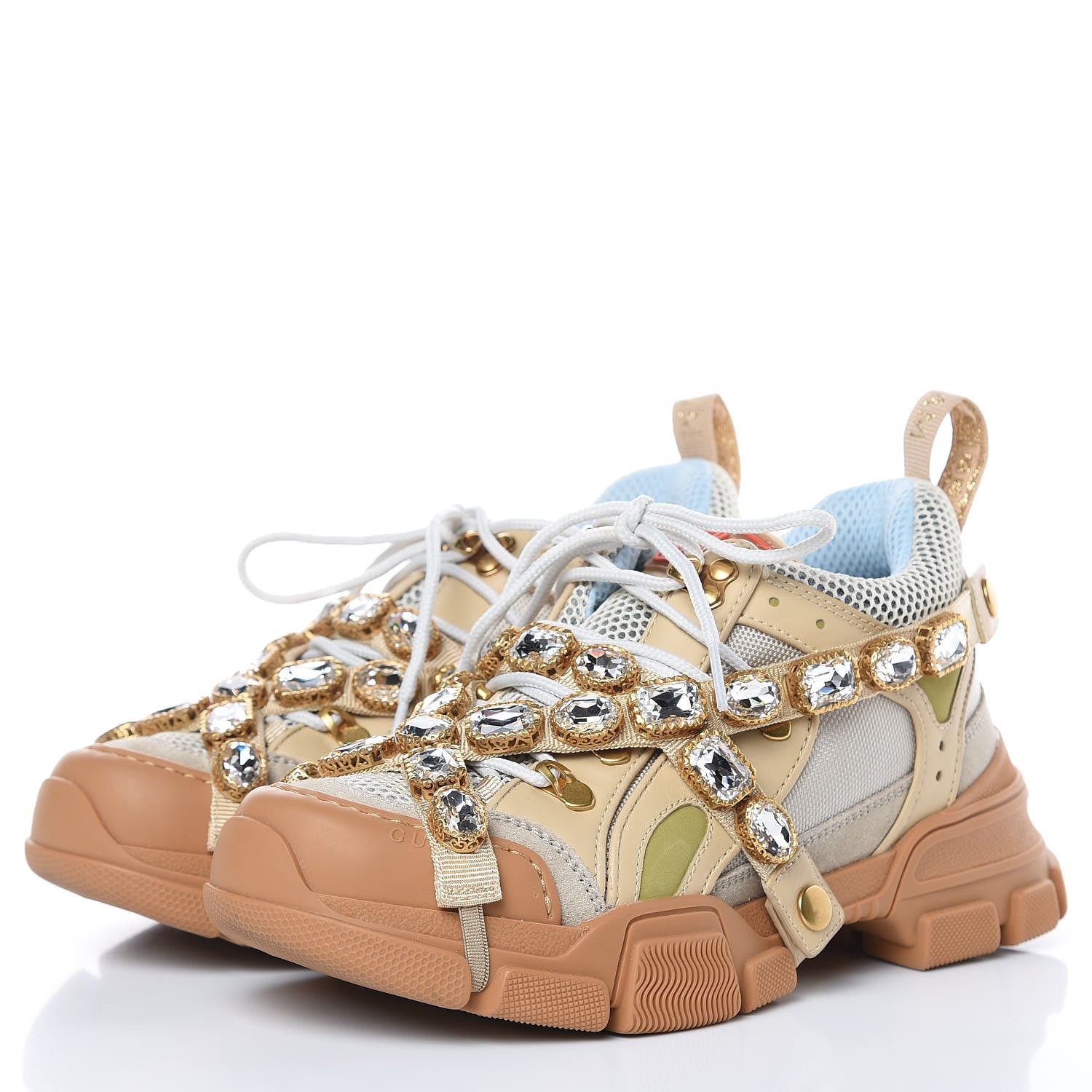Gucci X SEGA Mesh Canvas Calfskin Removable Crystals Flashtrek Sneakers 38 Mystic White Oatmeal Sand Storm 3 of 8