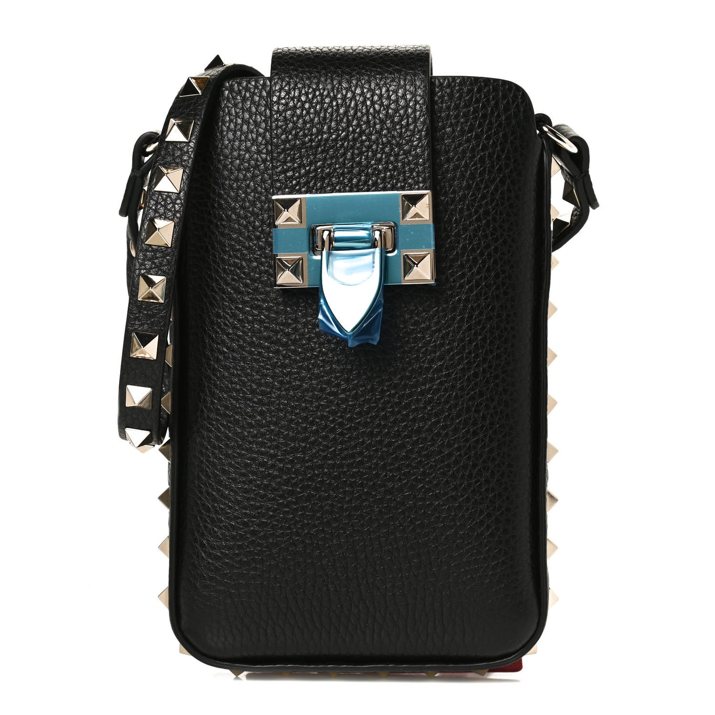 Grained Calfskin Rockstud Crossbody Phone Case Black