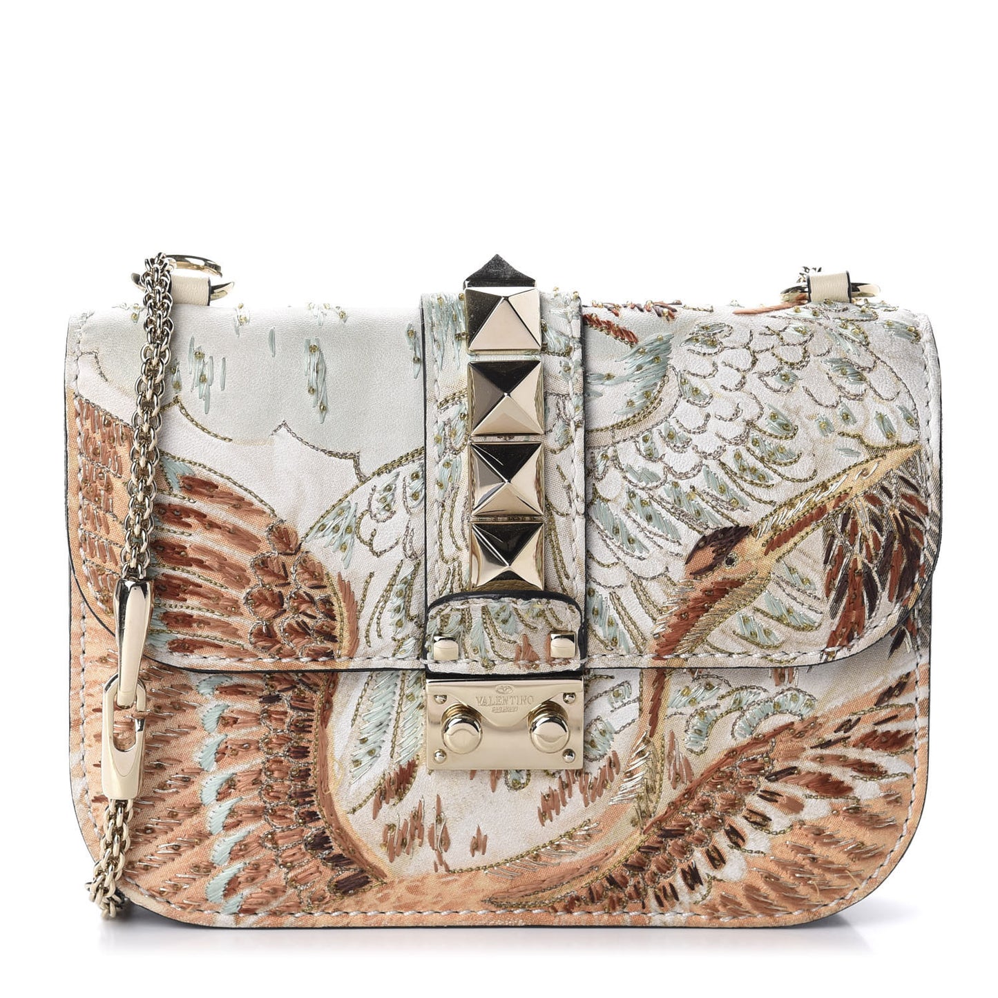 Vitello Japanese Bird Embroidered Small Glam Lock Rockstud Flap Multicolor