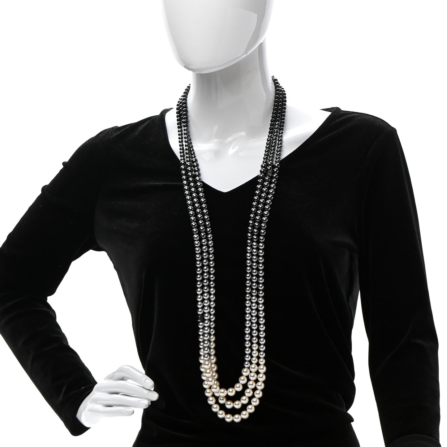 Graduated Pearl CC Multi 3 Strand Necklace Ruthenium Grey Black