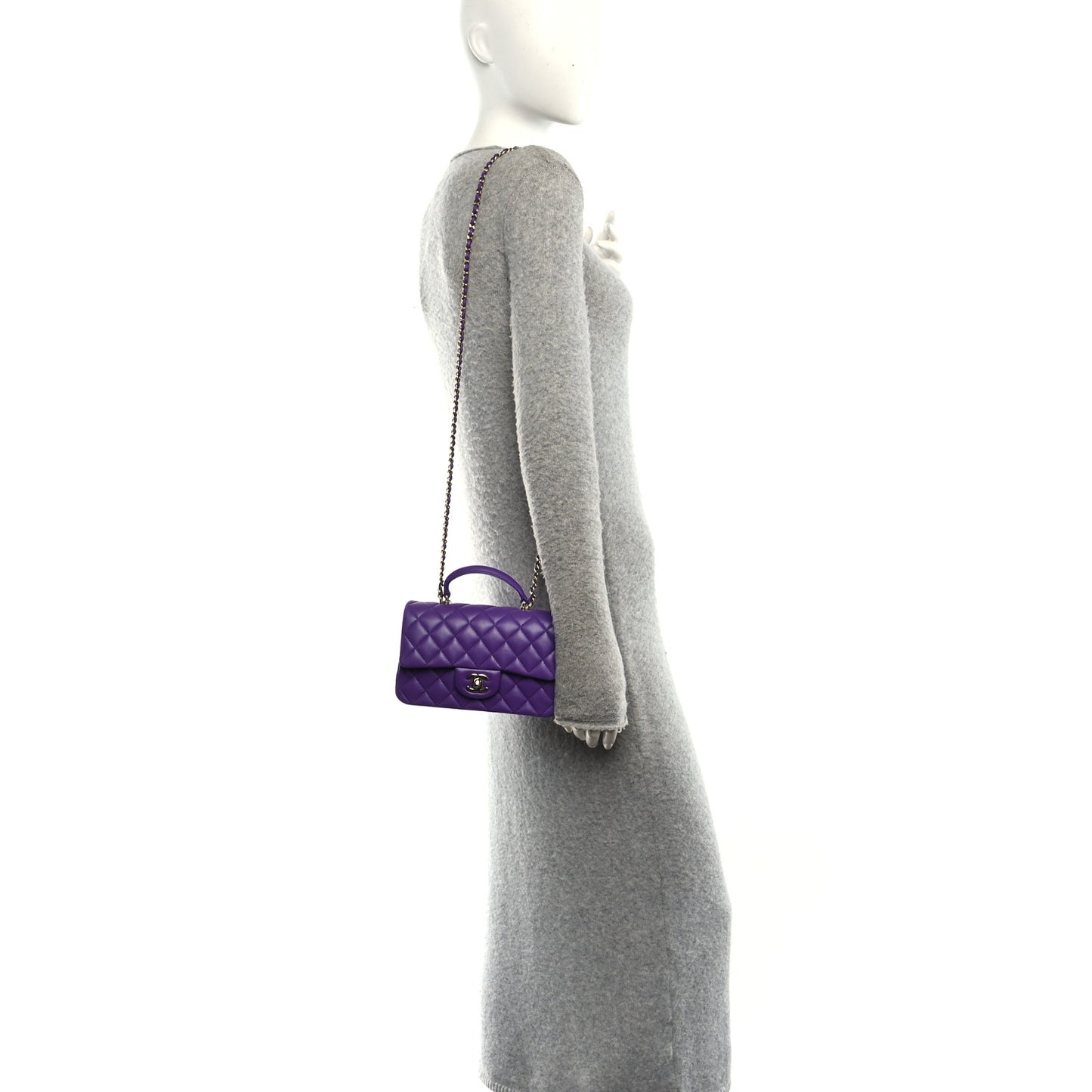 Lambskin Quilted Mini Top Handle Rectangular Flap Dark Purple