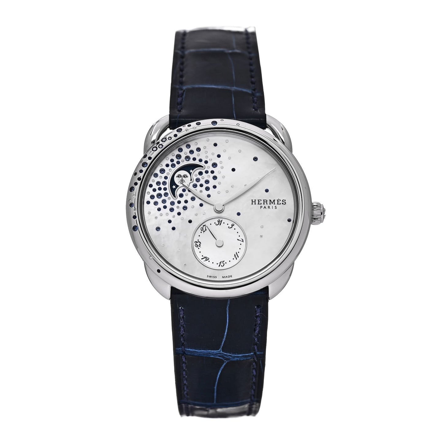 Stainless Steel Alligator Diamond Blue Sapphire Mother of Pearl 38mm Arceau Petite Lune Automatic Watch Bleu Saphir