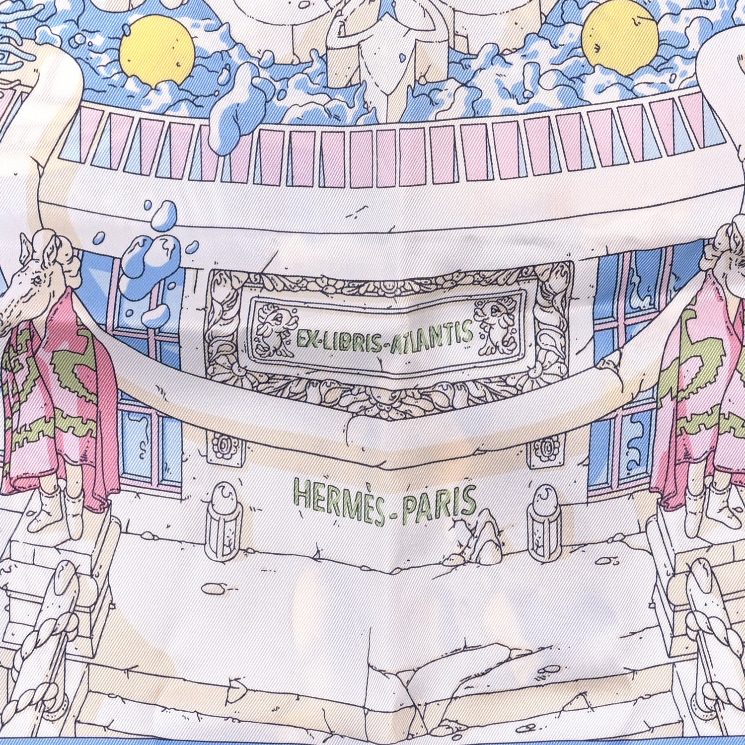 Hermes Vintage Silk Ex Libris Atlantis Scarf 70 Bleu Ciel Rose Jaune 2 of 3