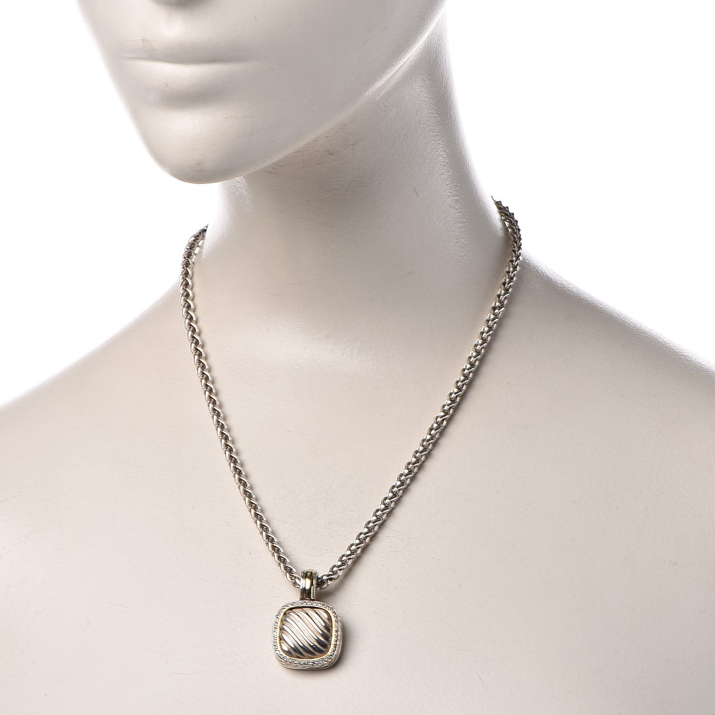Sterling Silver 18K Yellow Gold Diamond 16mm Sculpted Cable Pendant Necklace
