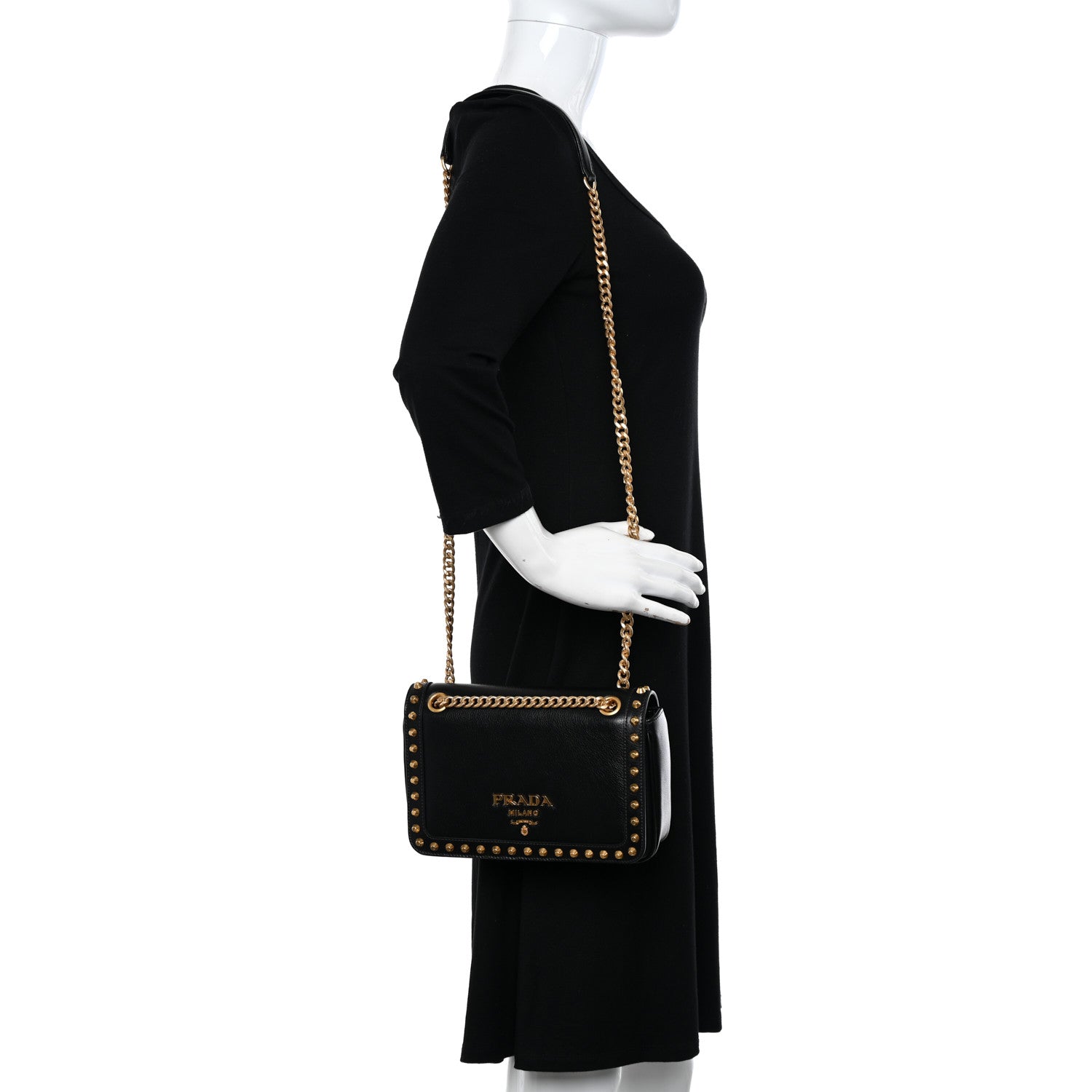 Prada Glace Calfskin Studded Crossbody Black 2 of 11