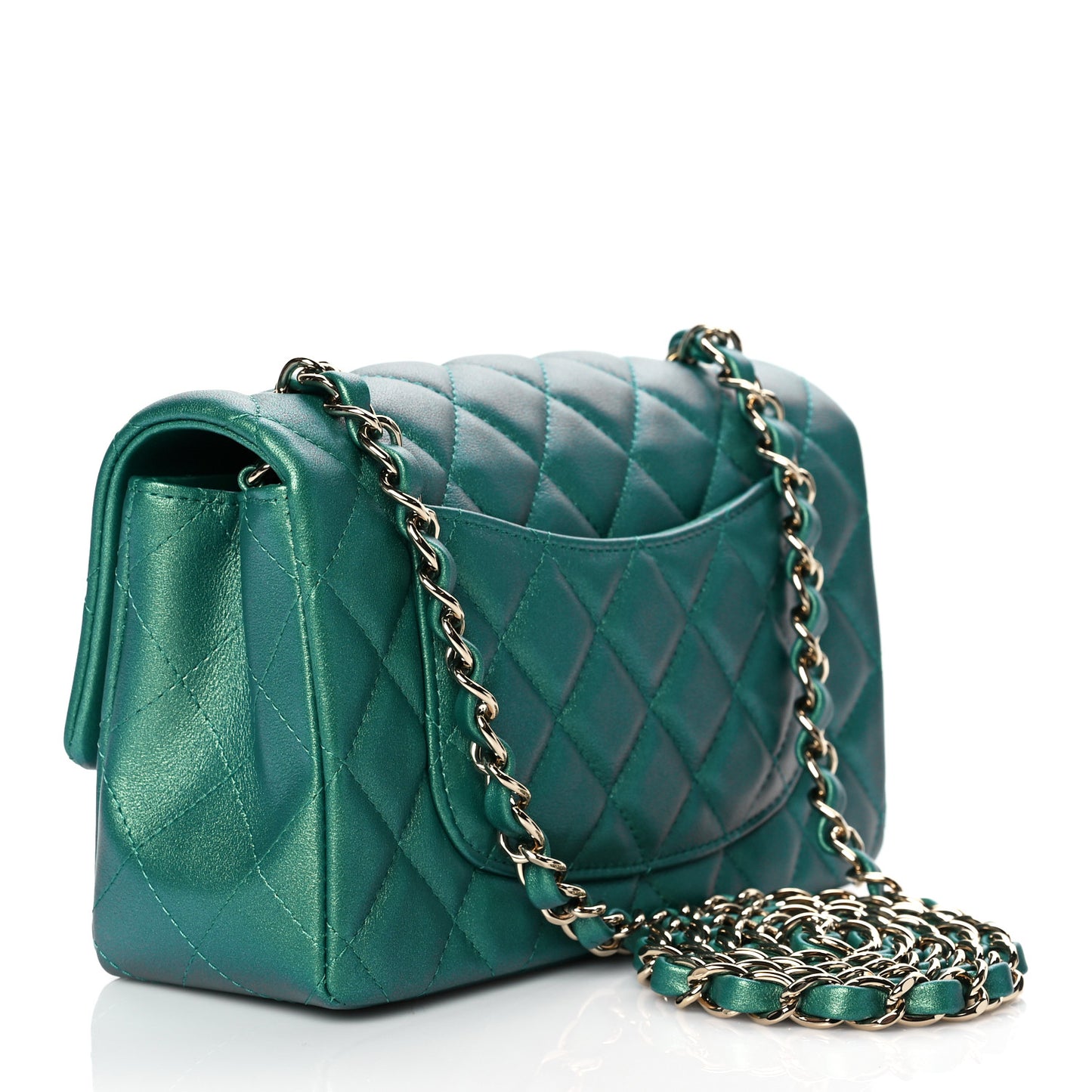 Iridescent Calfskin Quilted Mini Rectangular Flap Green