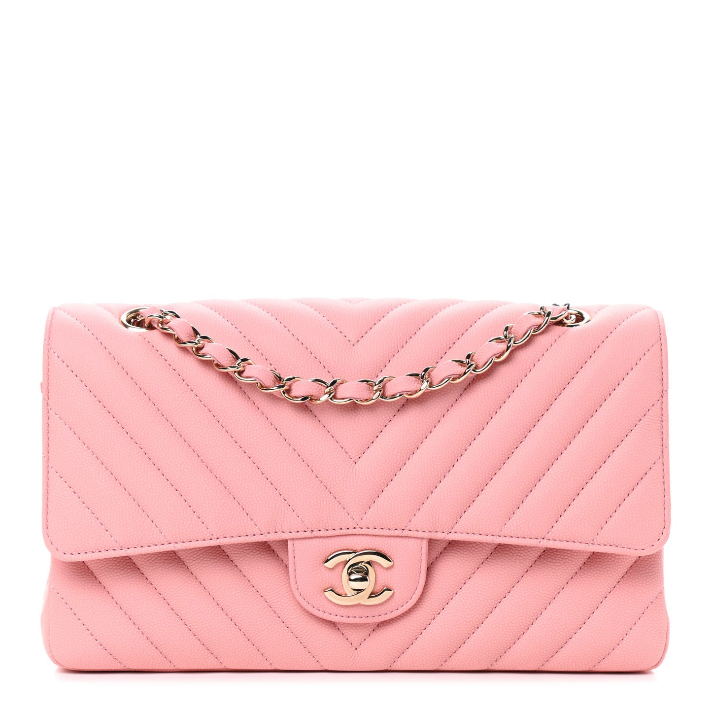 Caviar Flat Chevron Quilted Medium Double Flap Pink