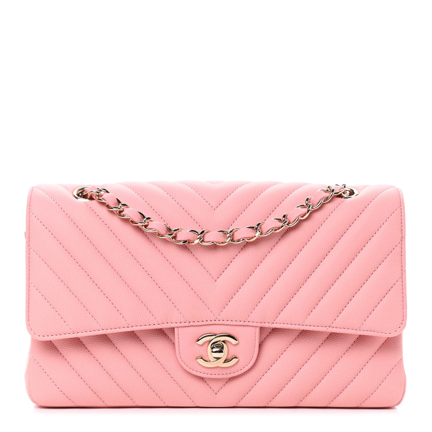 Chanel Caviar Flat Chevron Quilted Medium Double Flap Pink 1 of 8