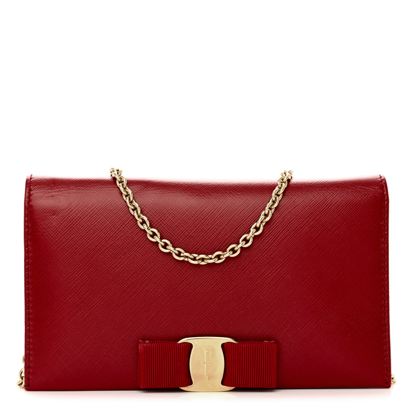 Hammered Calfskin Vara Bow Chain Wallet Red