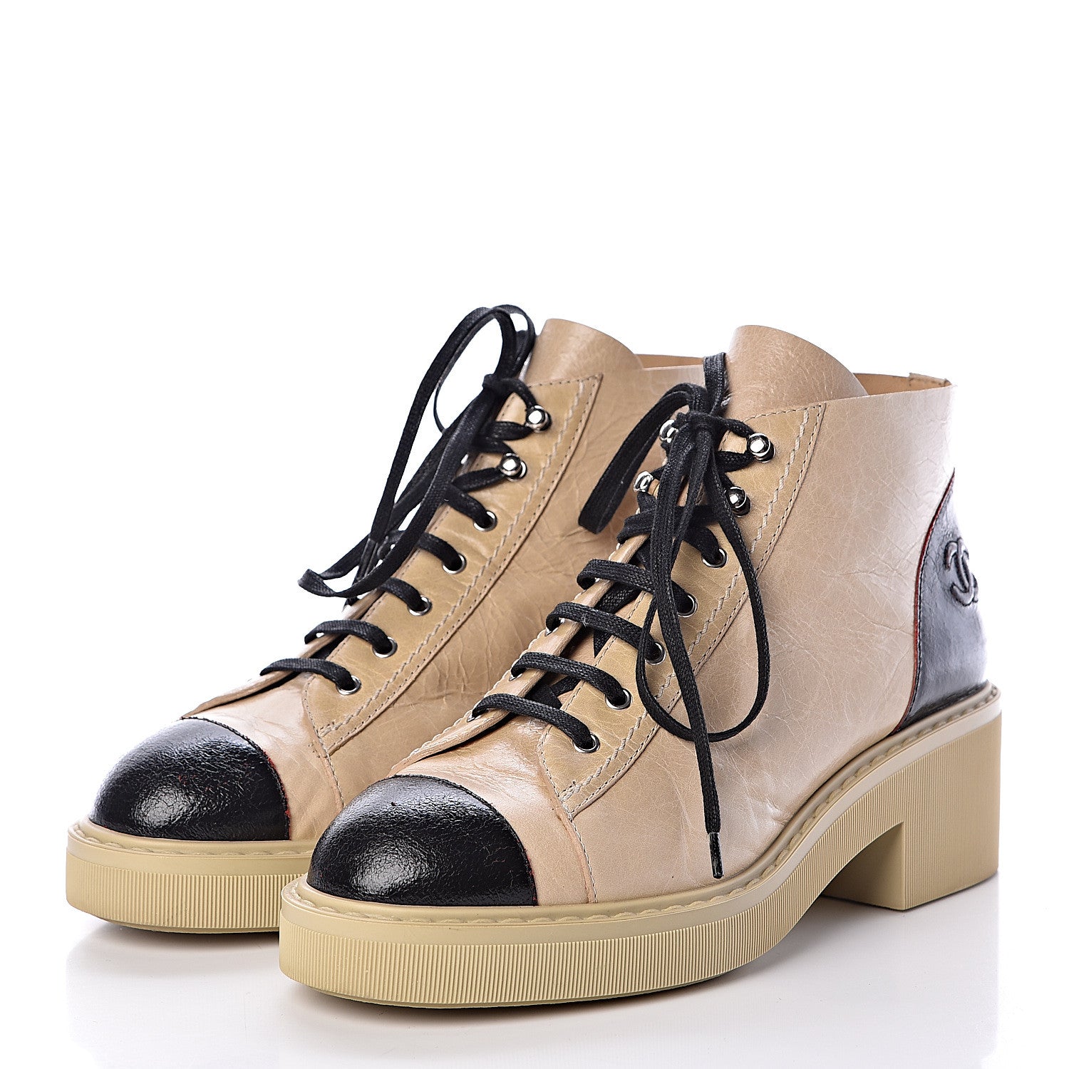 Chanel Crumpled Calfskin Lace Up Short Boots 38 Beige Black 3 of 8