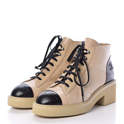 Chanel Crumpled Calfskin Lace Up Short Boots 38 Beige Black 3 of 8