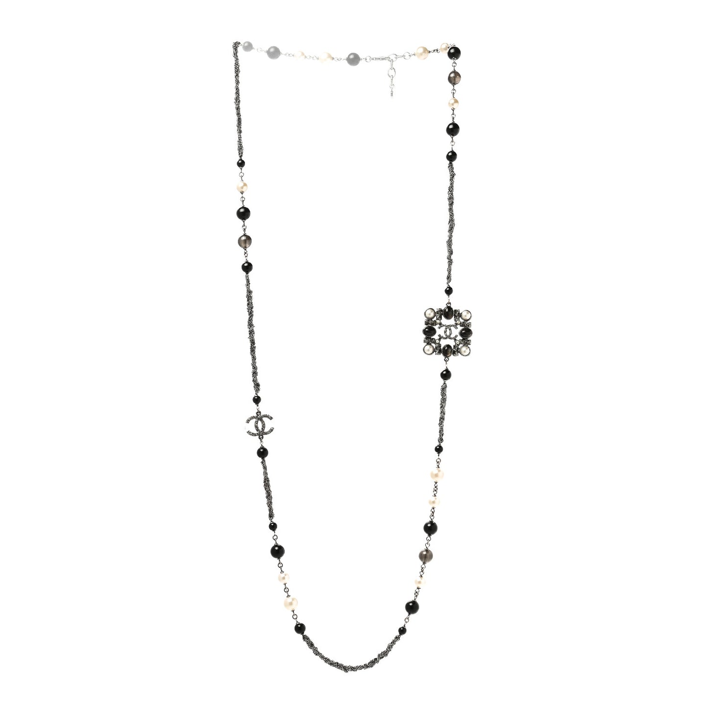 Pearl Bead Enamel CC Baroque Long Necklace Black Gold