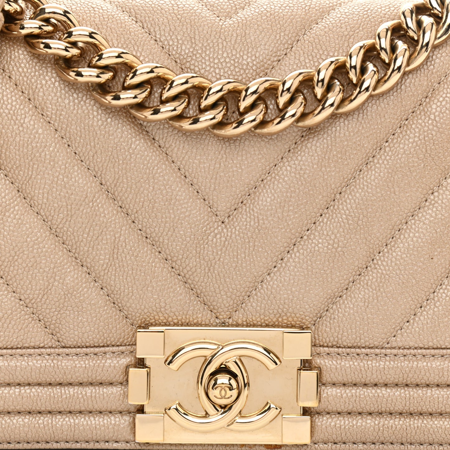 Iridescent Caviar Chevron Quilted Small Boy Flap Beige