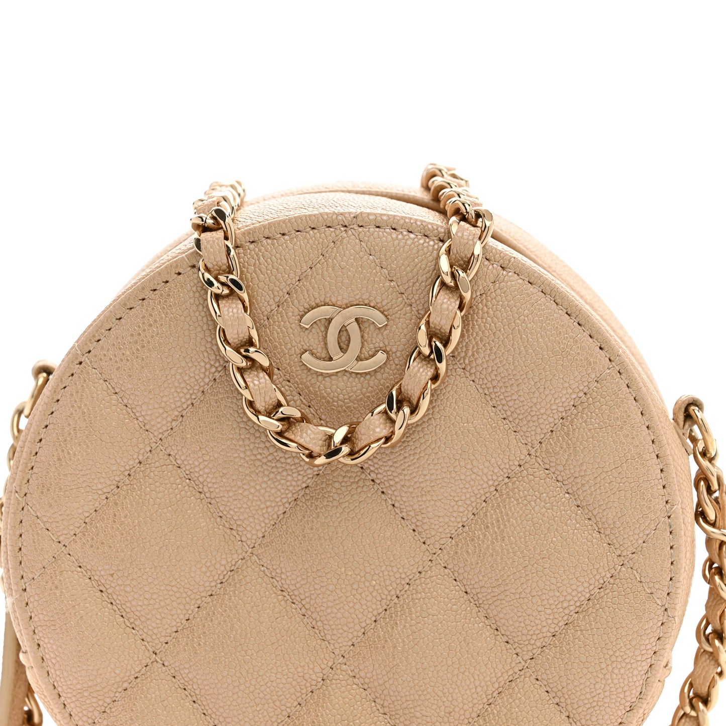 Iridescent Caviar Quilted Round Clutch With Chain Beige