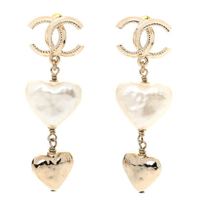 Chanel Pearl CC Double Heart Drop Earrings Gold 1 of 4