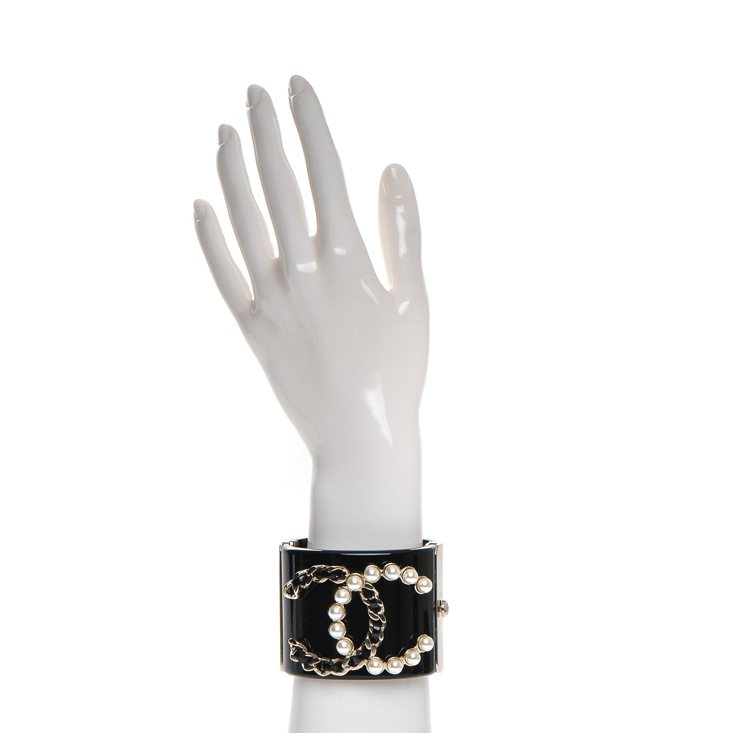 Pearl Calfskin Chain CC Cuff Black Gold