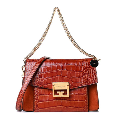 Givenchy Calfskin Crocodile Embossed Suede Small GV3 Shoulder Bag Cognac 1 of 6