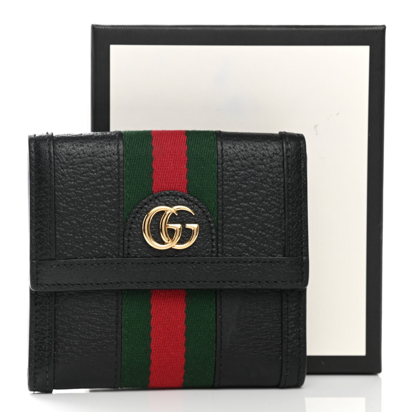 Textured Calfskin Web Ophidia French Flap Wallet Black