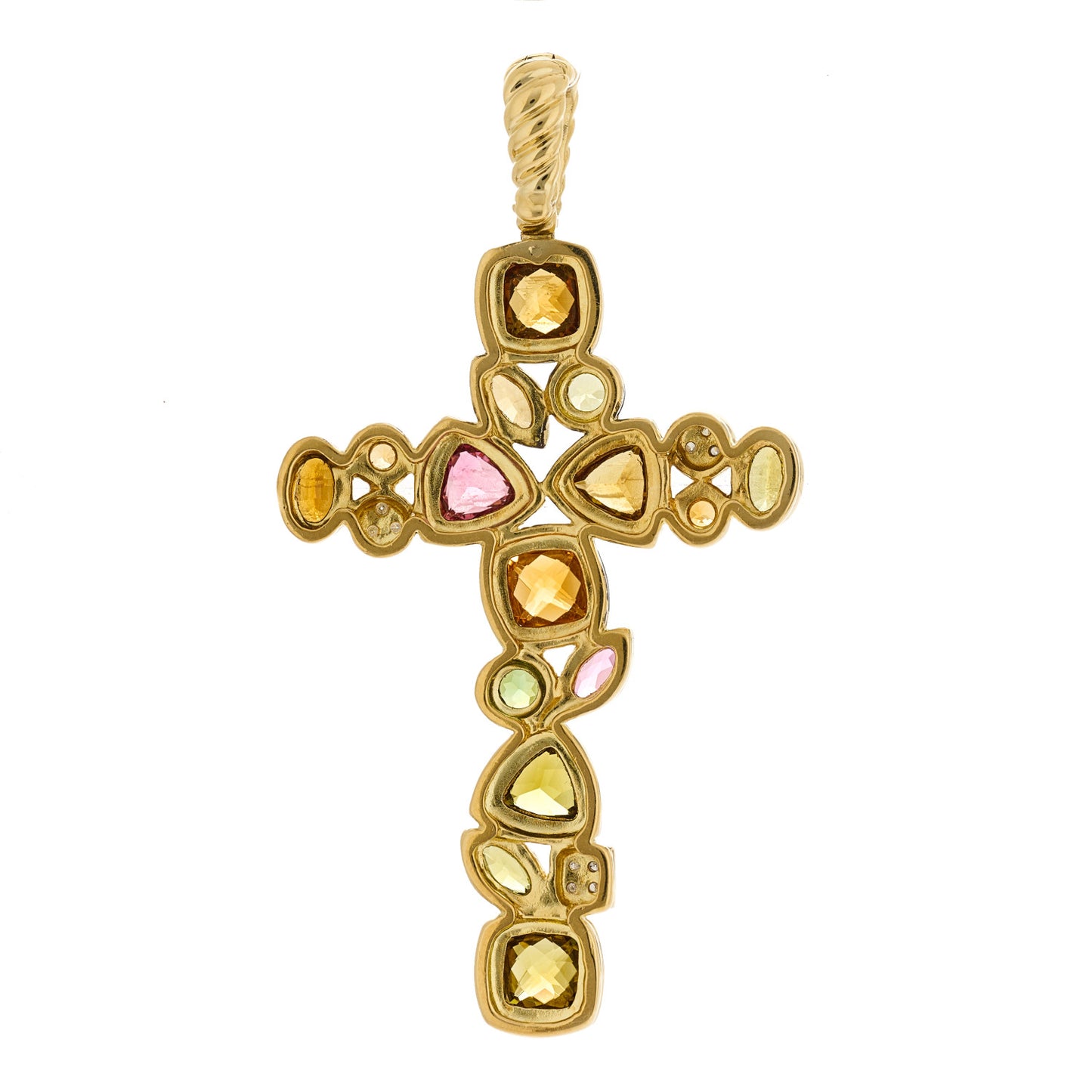 18K Yellow Gold Diamond Tourmaline Mosaic Cross Pendant