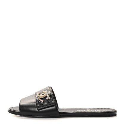 Chanel Lambskin Pearl Crystal CC Sandals 39.5 Black 1 of 8