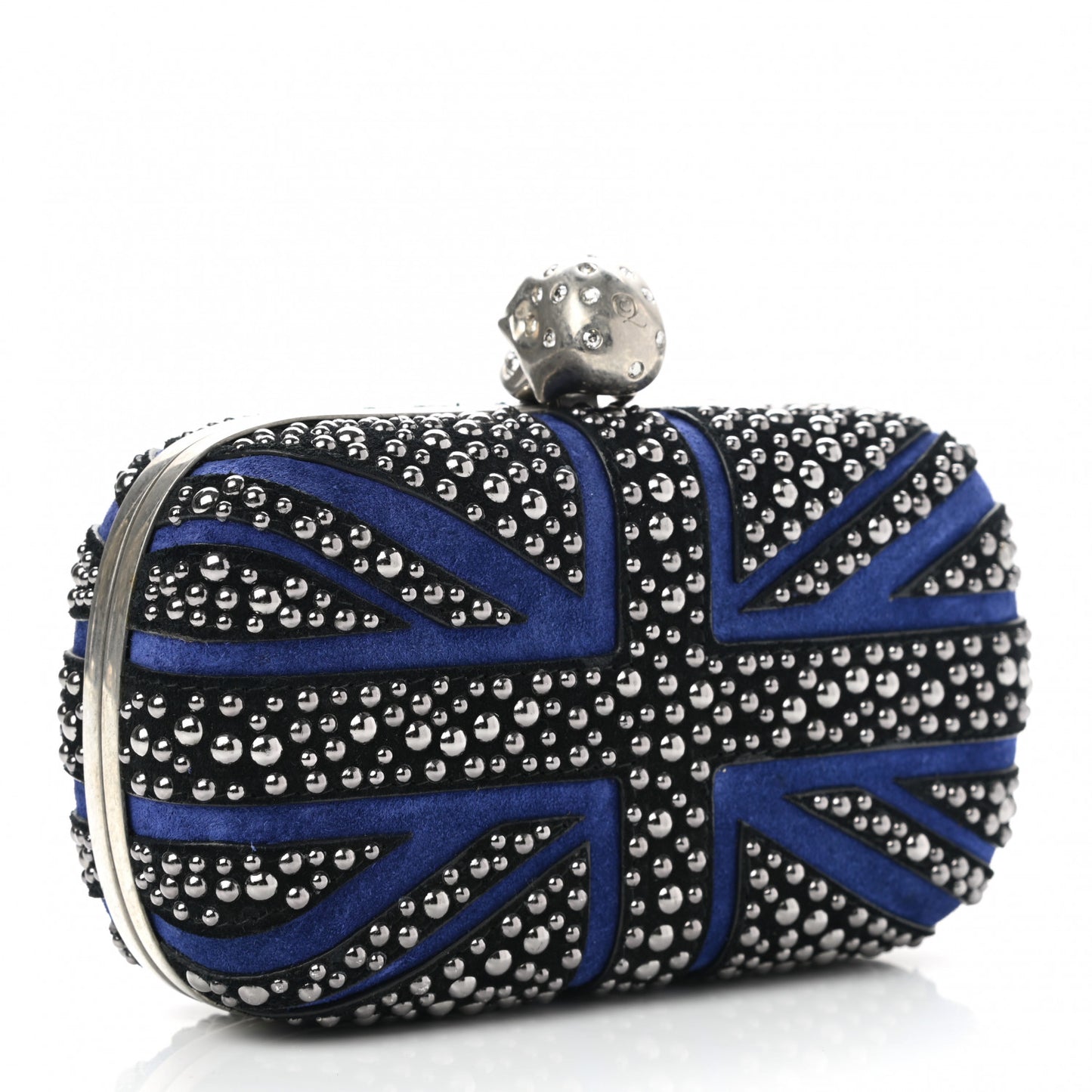 Suede Studded Britannia Skull Box Clutch Blue Black
