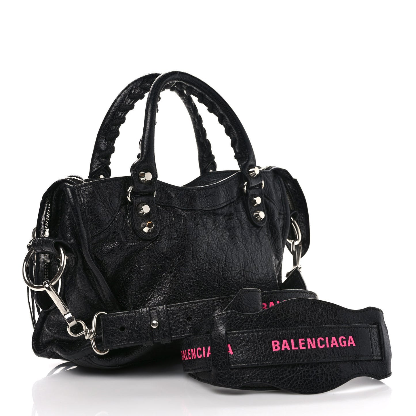 Agneau Classic Silver Hardware Mini City Logo Strap Black Pink
