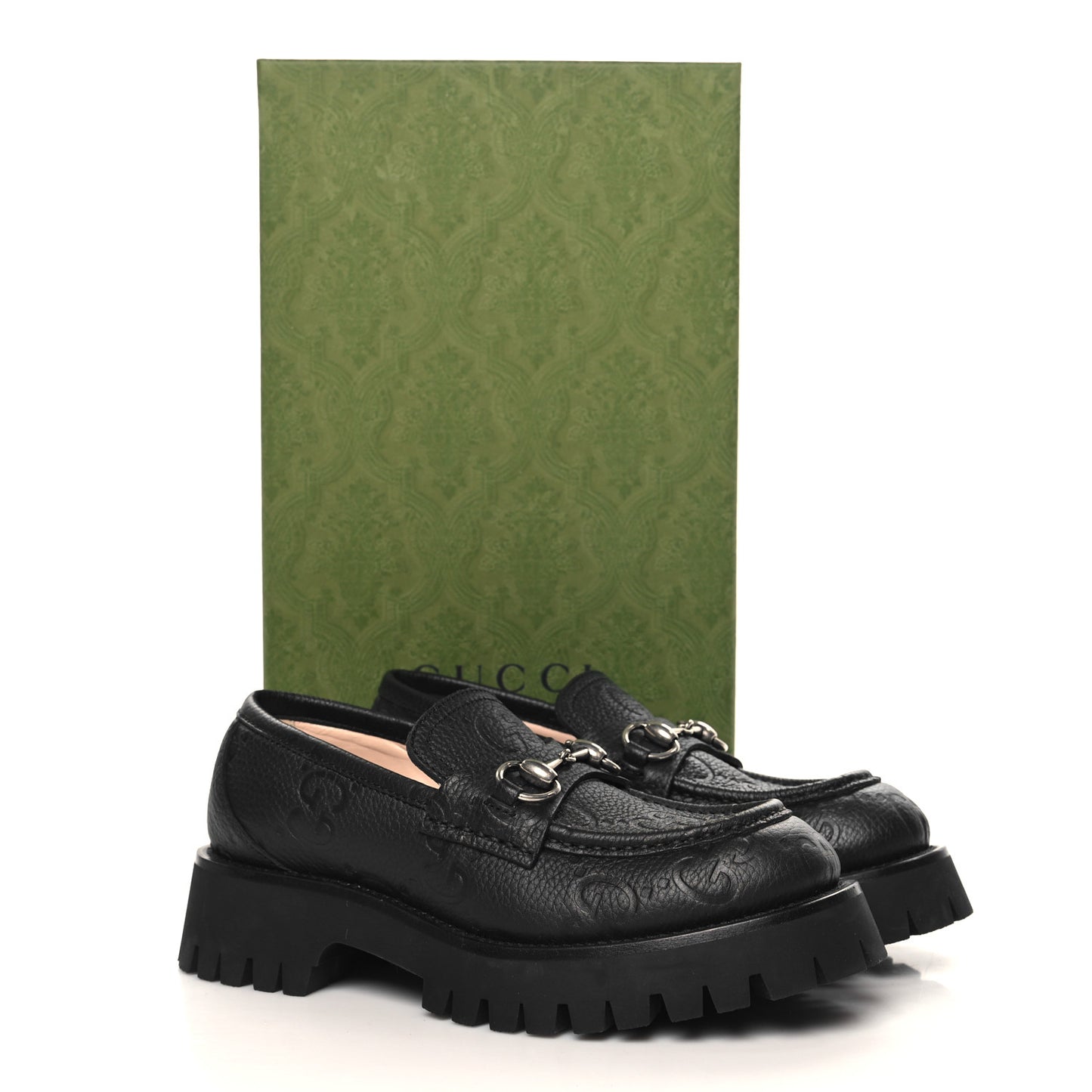 Piuma Calfskin Embossed Womens Platform Lug Sole Loafers 37.5 Black
