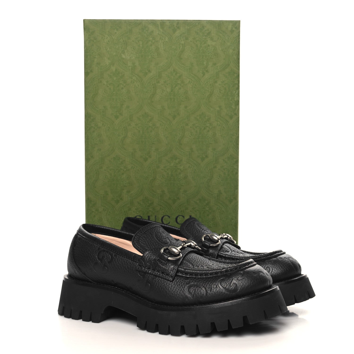 Gucci Piuma Calfskin Embossed Womens Platform Lug Sole Loafers 37.5 Black 10 of 10