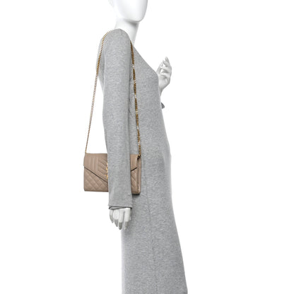 Saint Laurent Grain De Poudre Mixed Matelasse Triquilt Monogram Chain Wallet Dark Beige 2 of 11