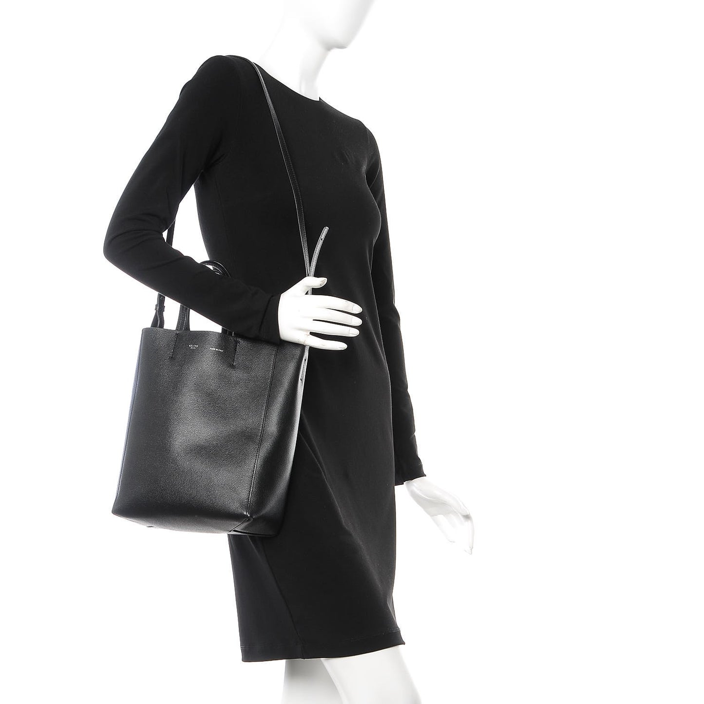 Grained Calfskin Small Vertical Cabas Black