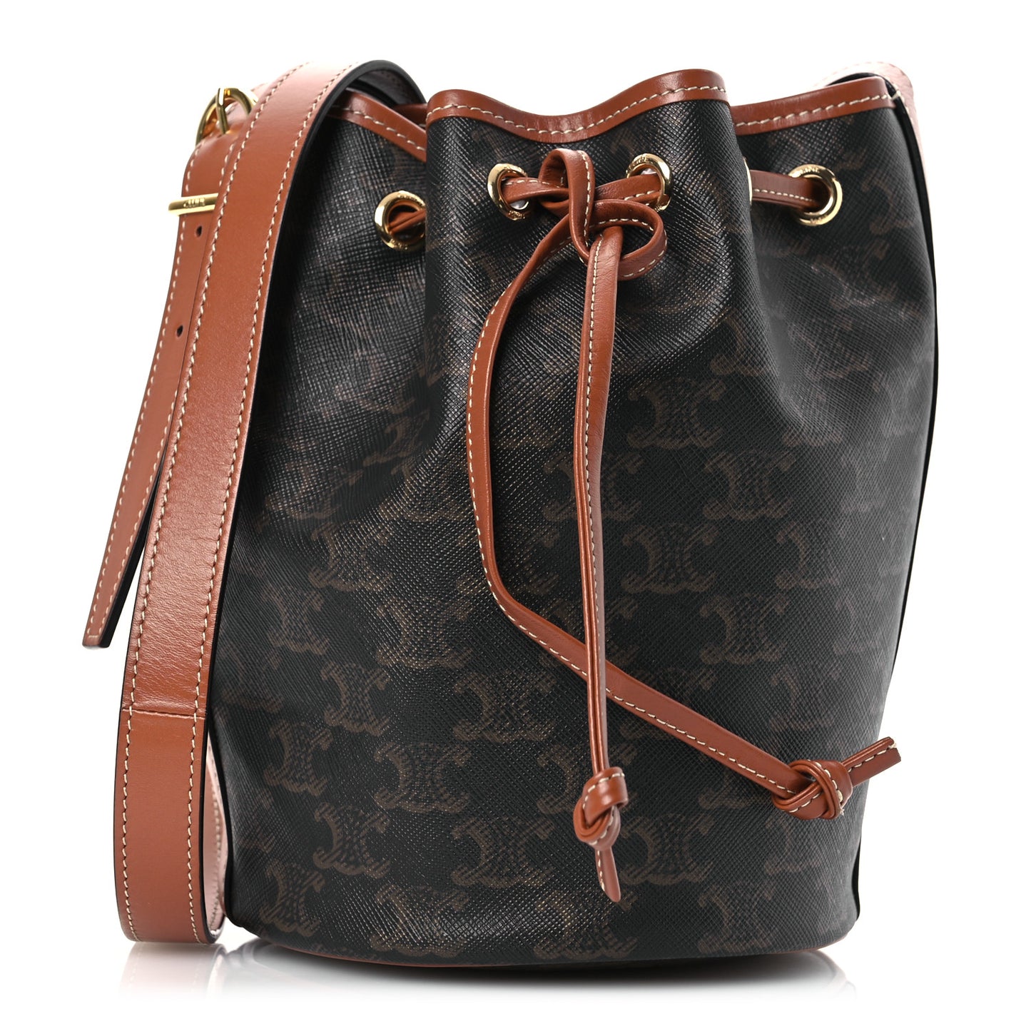 Triomphe Canvas Calfskin Small Drawstring Bucket Bag Tan