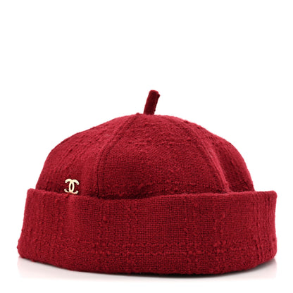 Chanel Wool Tweed CC Beret Beanie Hat M Burgundy 1 of 8