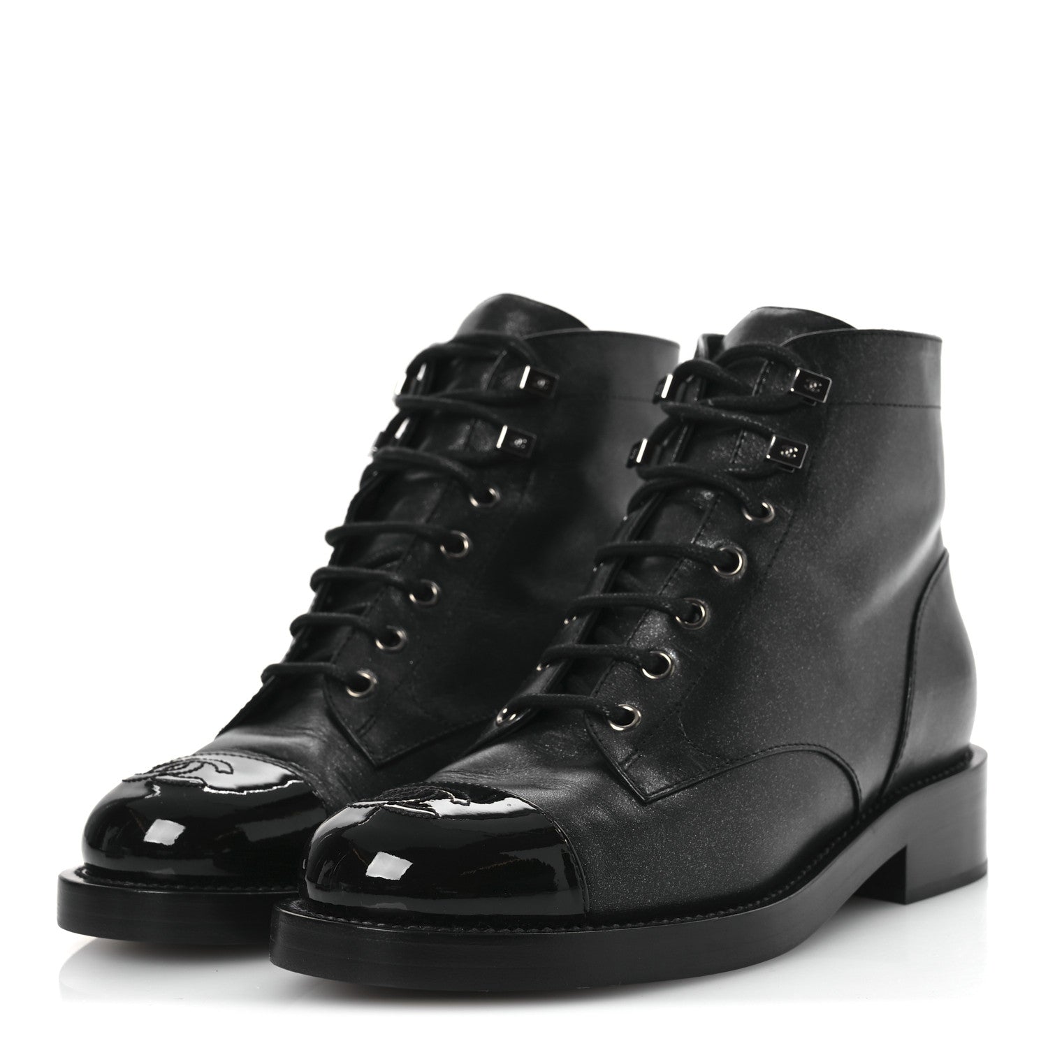 Chanel Calfskin Lace Up CC Combat Boots 37 Black 4 of 11