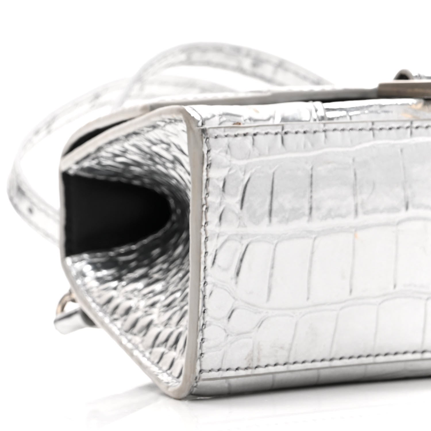 Balenciaga Metallic Calfskin Crocodile Embossed Hourglass Top Handle Bag XS Silver 8 of 9