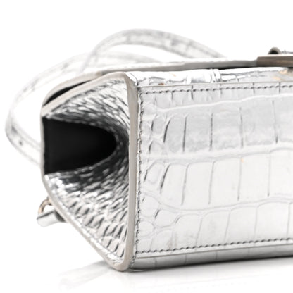 Balenciaga Metallic Calfskin Crocodile Embossed Hourglass Top Handle Bag XS Silver 8 of 9