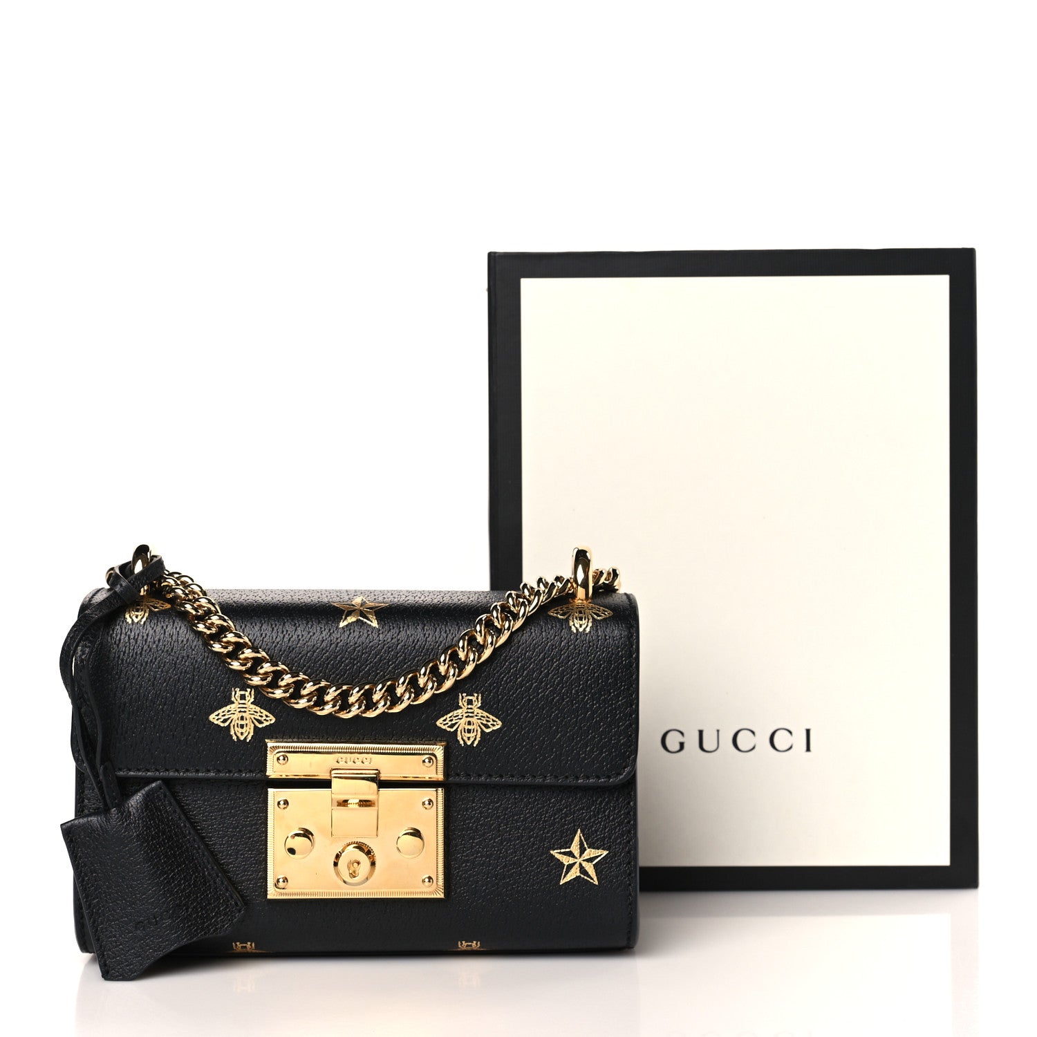 Gucci Grained Calfskin Bee Star Small Padlock Shoulder Bag Black 10 of 10