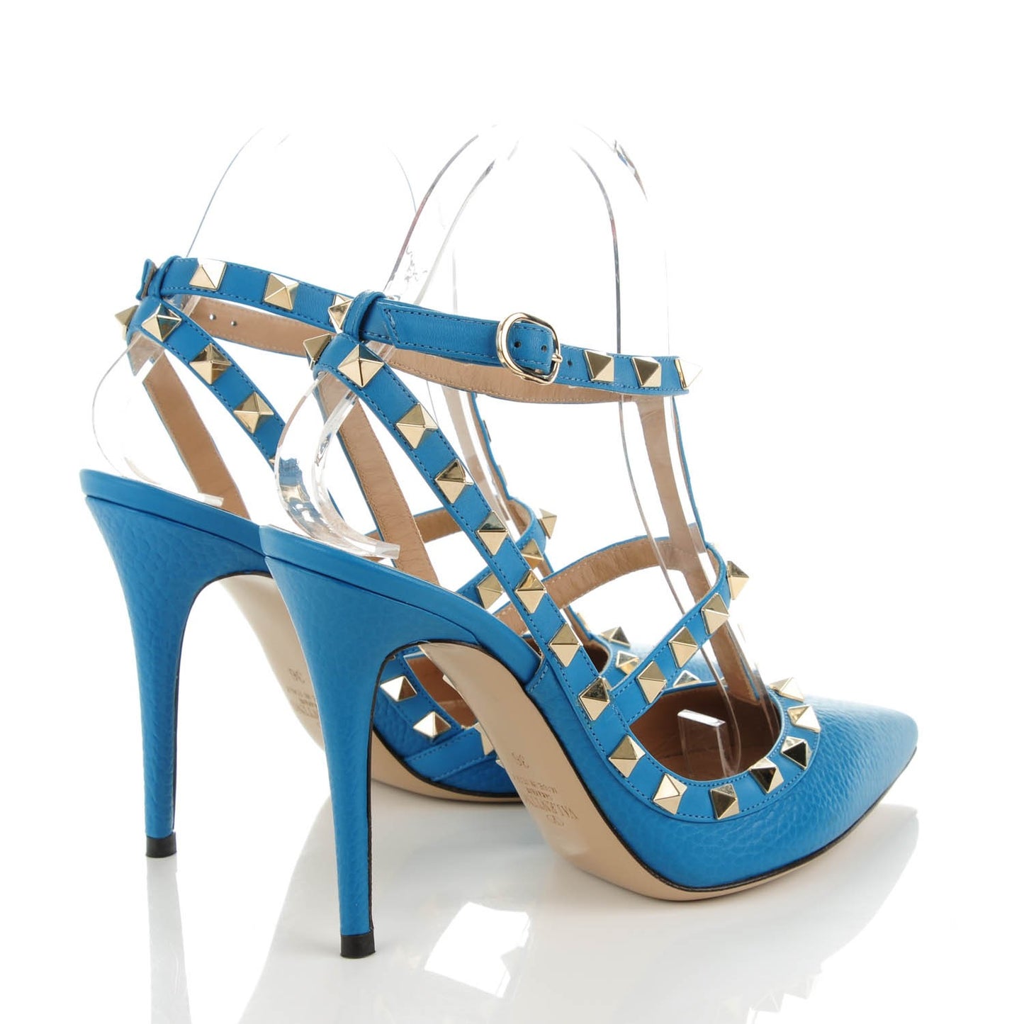 Pebbled Calfskin Rockstud Ankle Strap Pumps 36 Light Blue